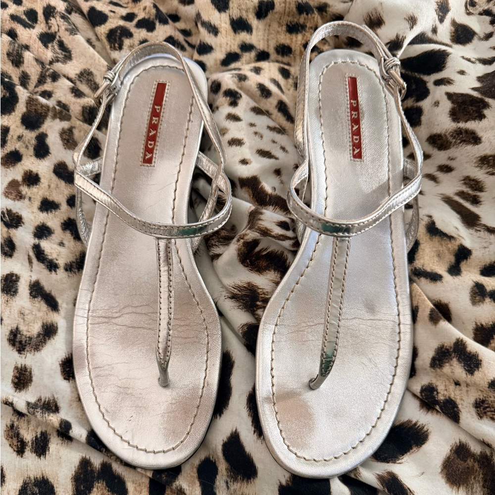 Prada Silver Metallic Leather T-Strap Sandals